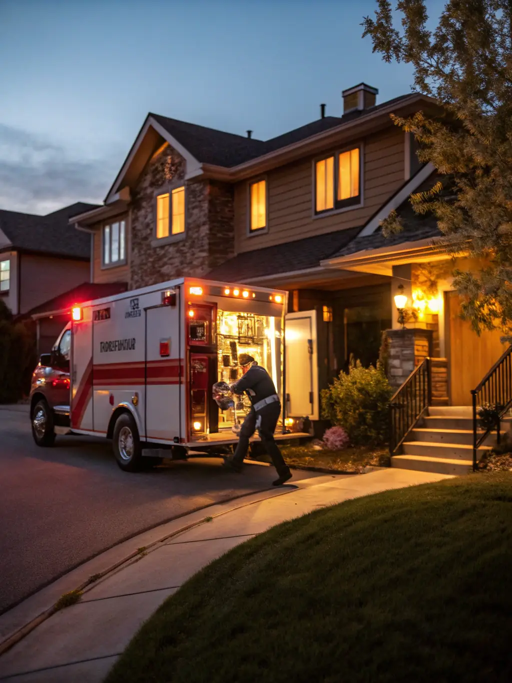 A dynamic image of a True North Plumbing emergency response vehicle arriving at a home to address an urgent plumbing issue, emphasizing their 24/7 emergency plumbing services.