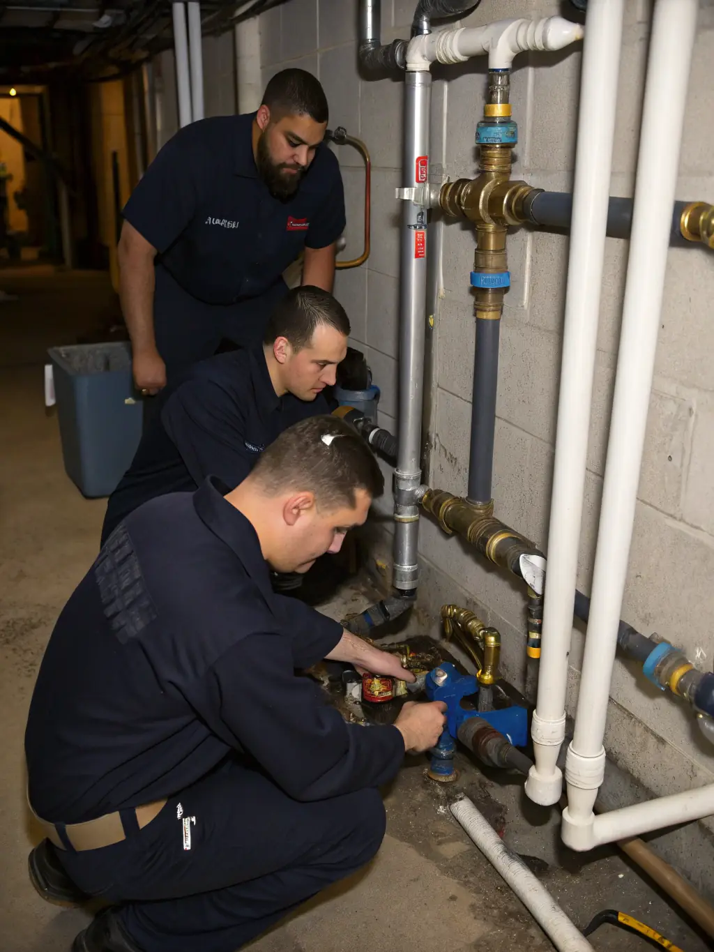 A professional image of a team of True North Plumbing plumbers installing a complex commercial plumbing system in a new office building, highlighting their commercial plumbing solutions.