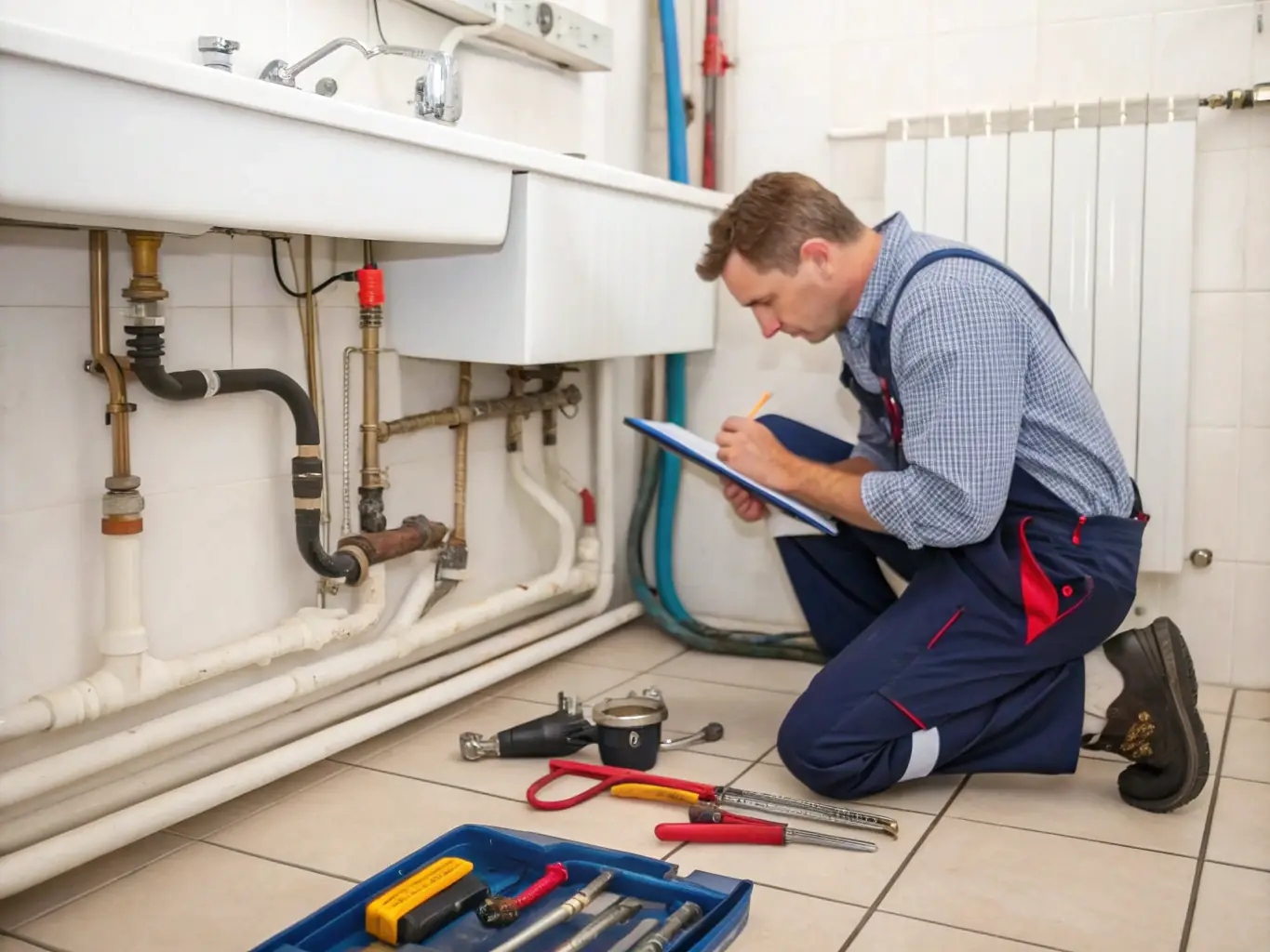 A plumber inspecting commercial plumbing, checking pipes and connections in a business setting.