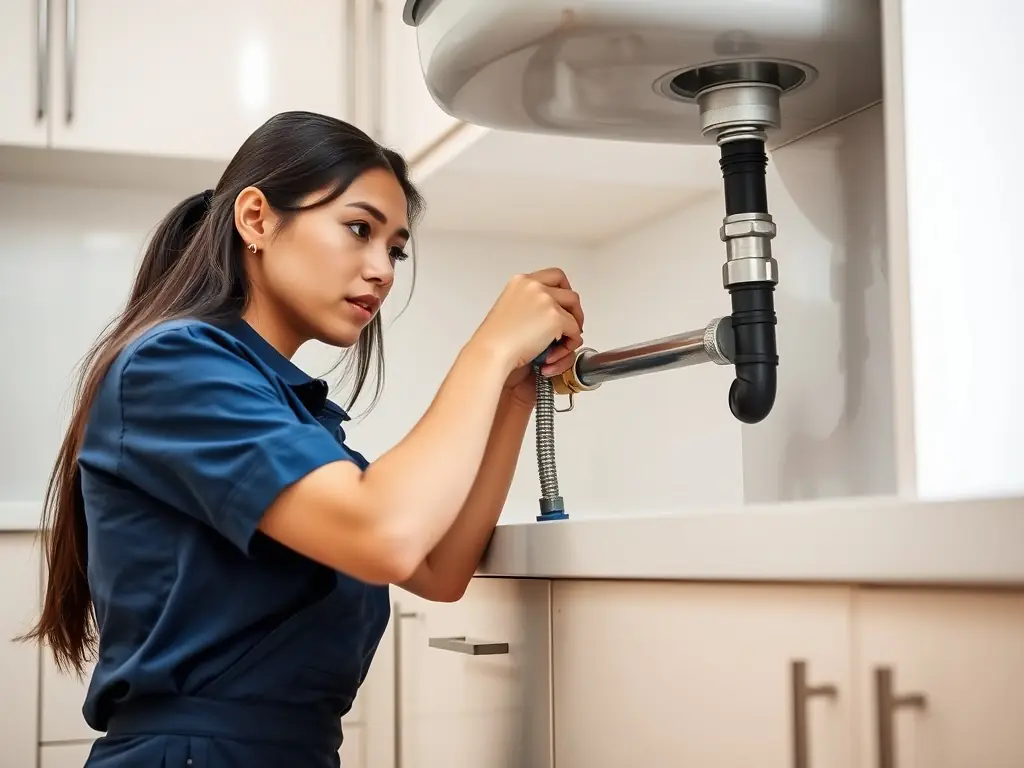 A plumber working on residential plumbing, fixing a pipe under a sink in a modern kitchen.