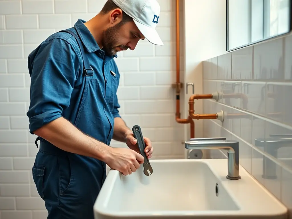 A plumber expertly repairs a leaky faucet in a modern bathroom, showcasing True North Plumbing's commitment to fixing common household issues.