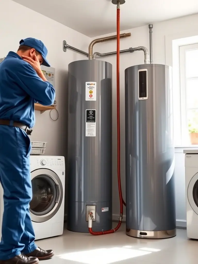 A high-efficiency water heater being installed in a home, highlighting modern plumbing technology and energy savings.