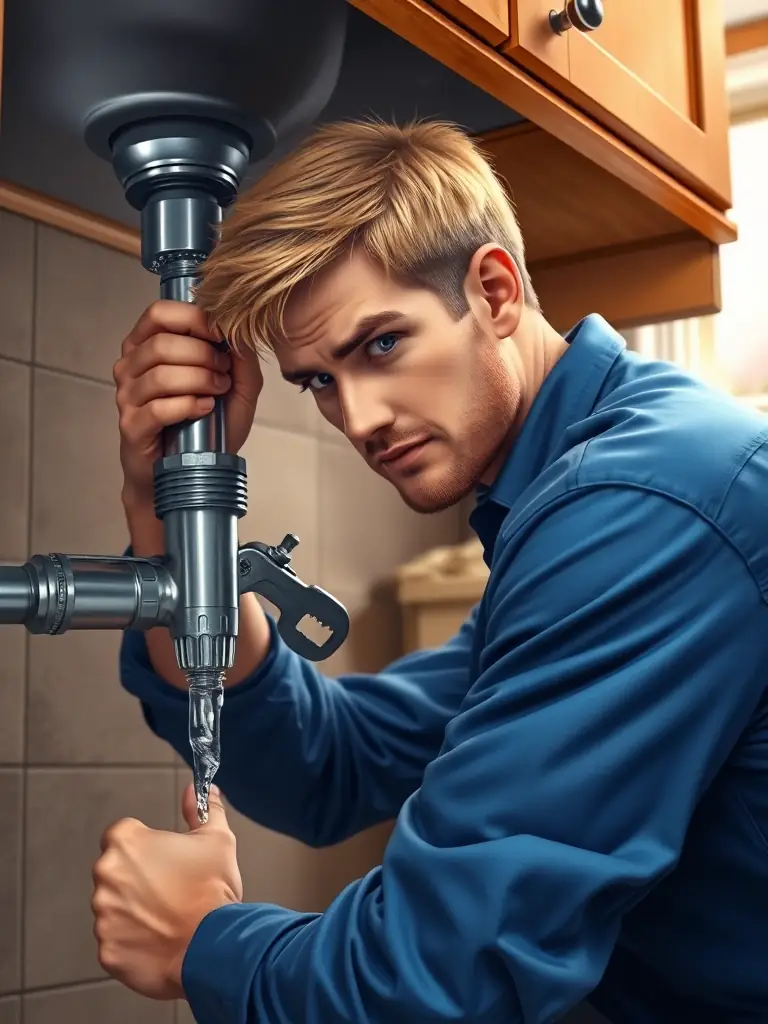 A plumber expertly repairing a leaky pipe under a kitchen sink, showcasing precision and skill in a residential setting.