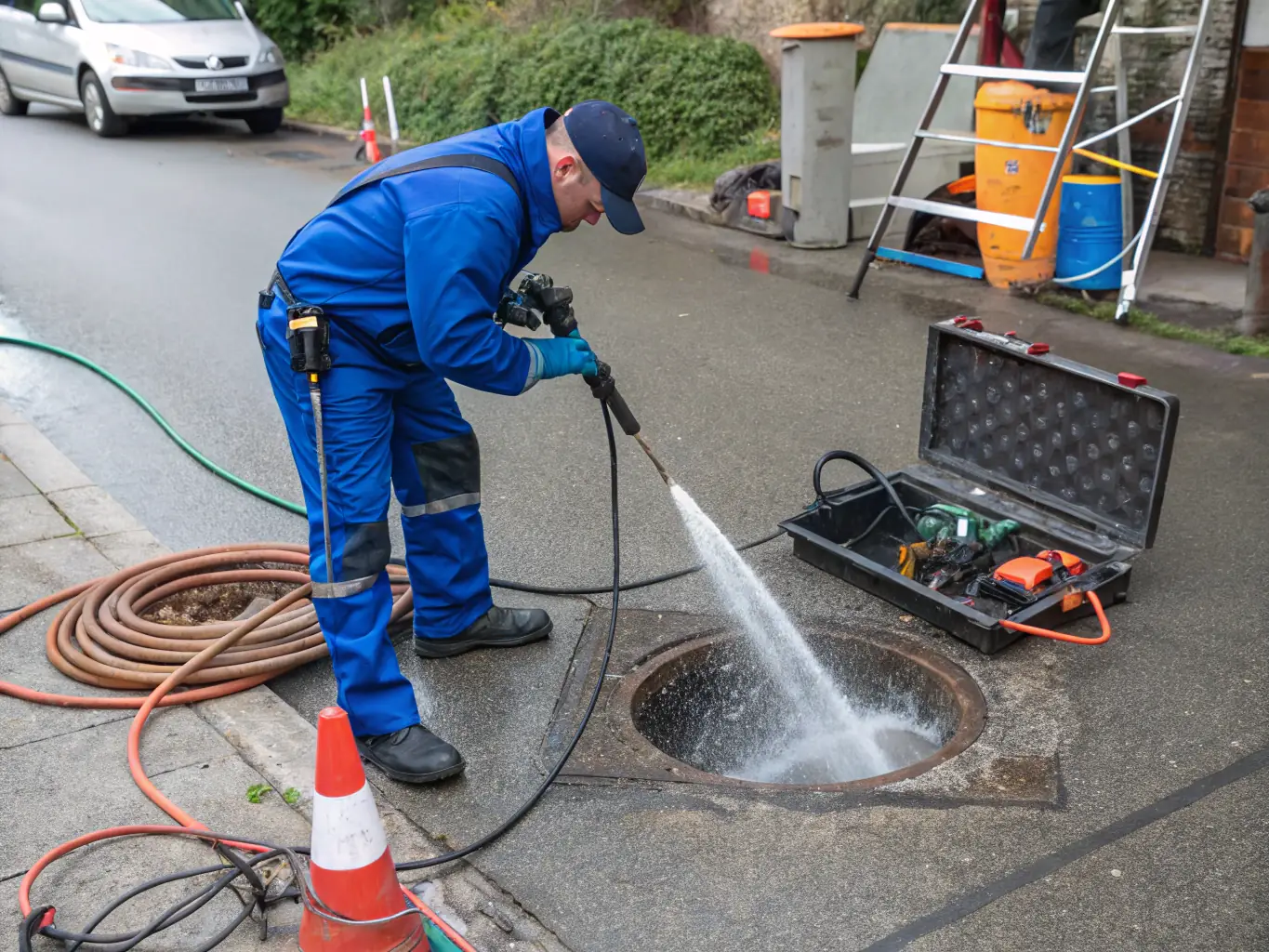 A high-pressure water jet cleaning out a clogged drain, illustrating True North Plumbing's drain cleaning services.